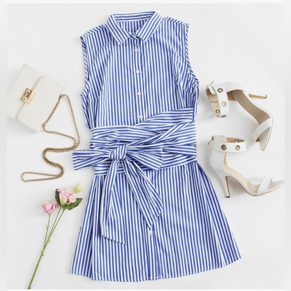 Blue and white striped sleeveless shirt dress with wrap around tie belt - Picture 2 of 7